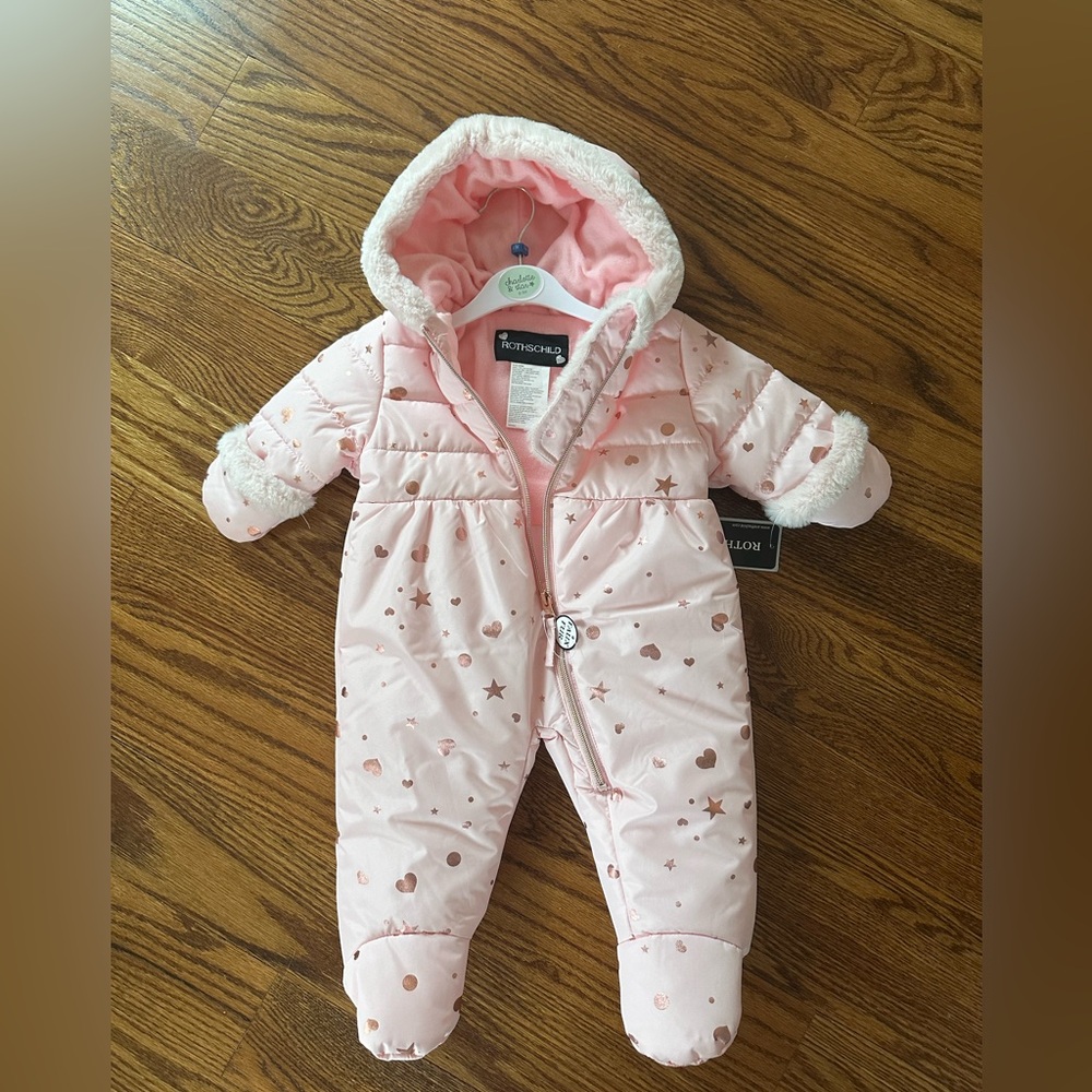 NWT 6/9 Months Rothschild Baby Girl Foil Print Zip Up Pram Snowsuit